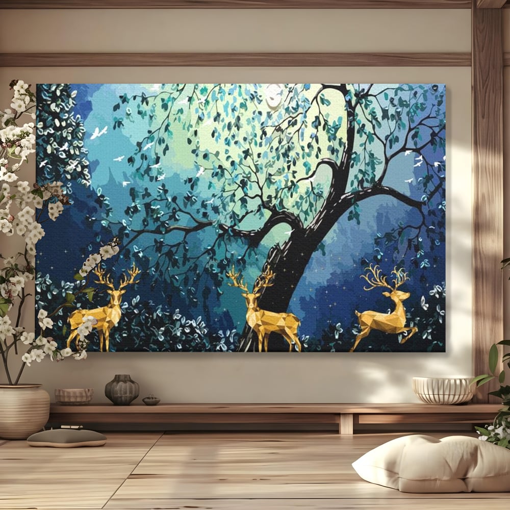 Tablou canvas cu tablou canvas cu cerbi aurii si padure nocturna, fara rama, pe sasiu de lemn